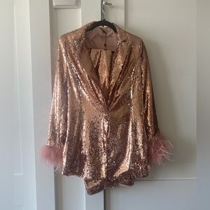 Sequin Rose Gold feathered blazer set